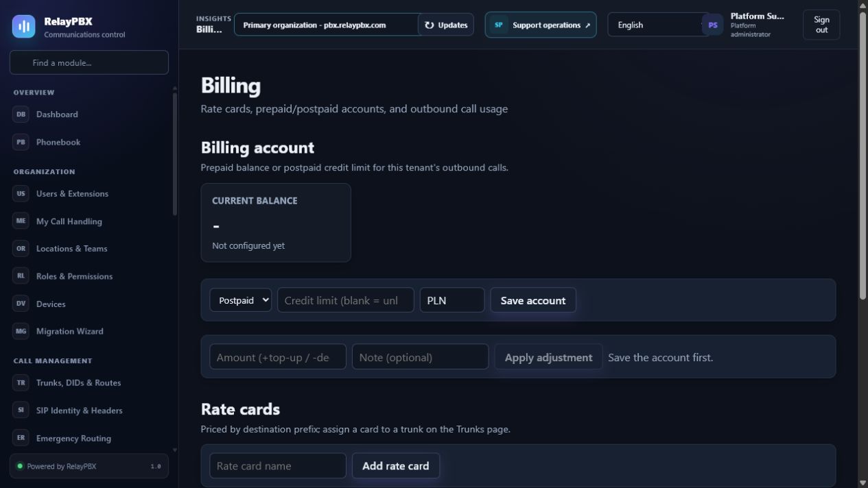 Obszar Billing RelayPBX z cennikami i wycenionym użyciem