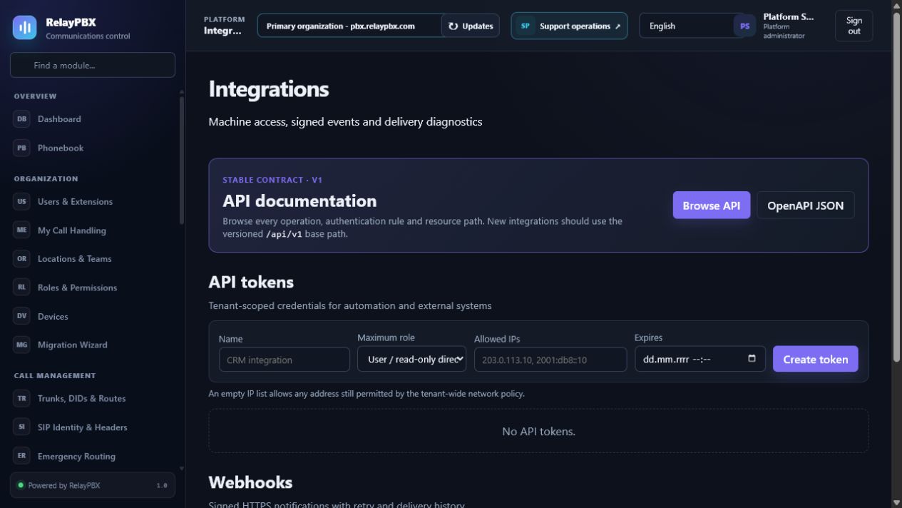 Integracje RelayPBX dla danych API i podpisanych webhooków