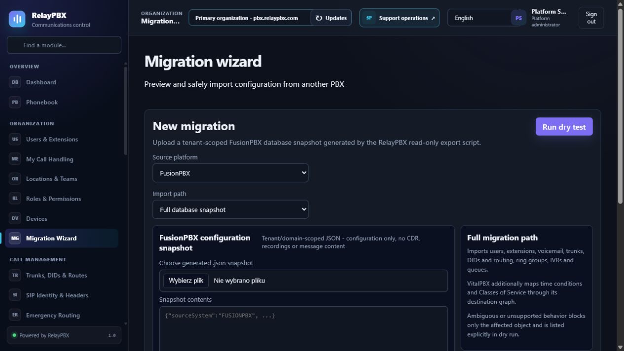 RelayPBX migration wizard before a FusionPBX dry test