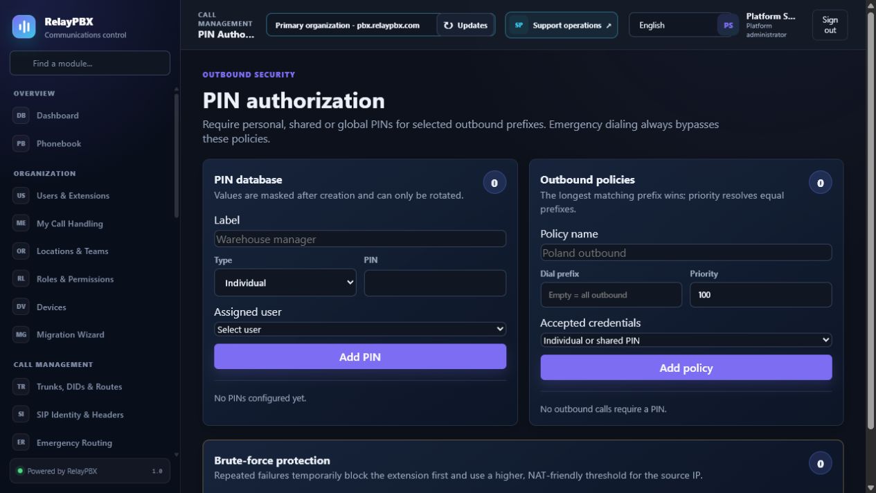 Polityka autoryzacji PIN i baza kodów RelayPBX