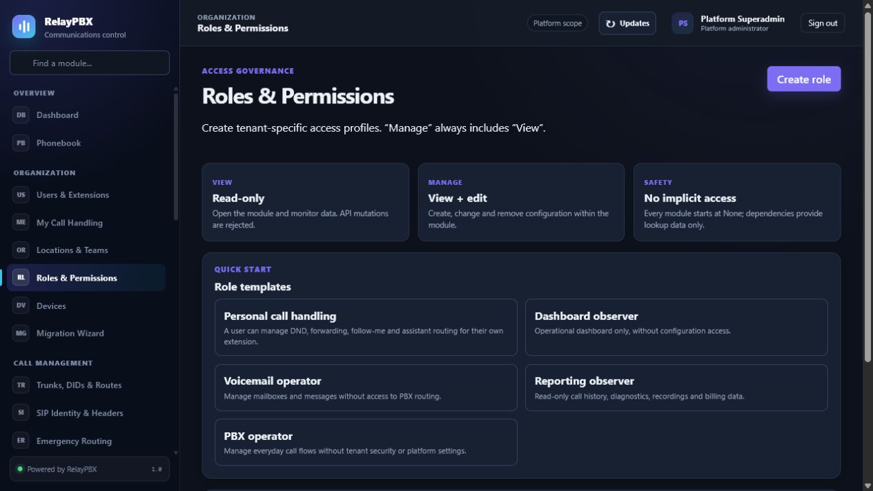 RelayPBX roles and permissions editor with a highlighted selected role