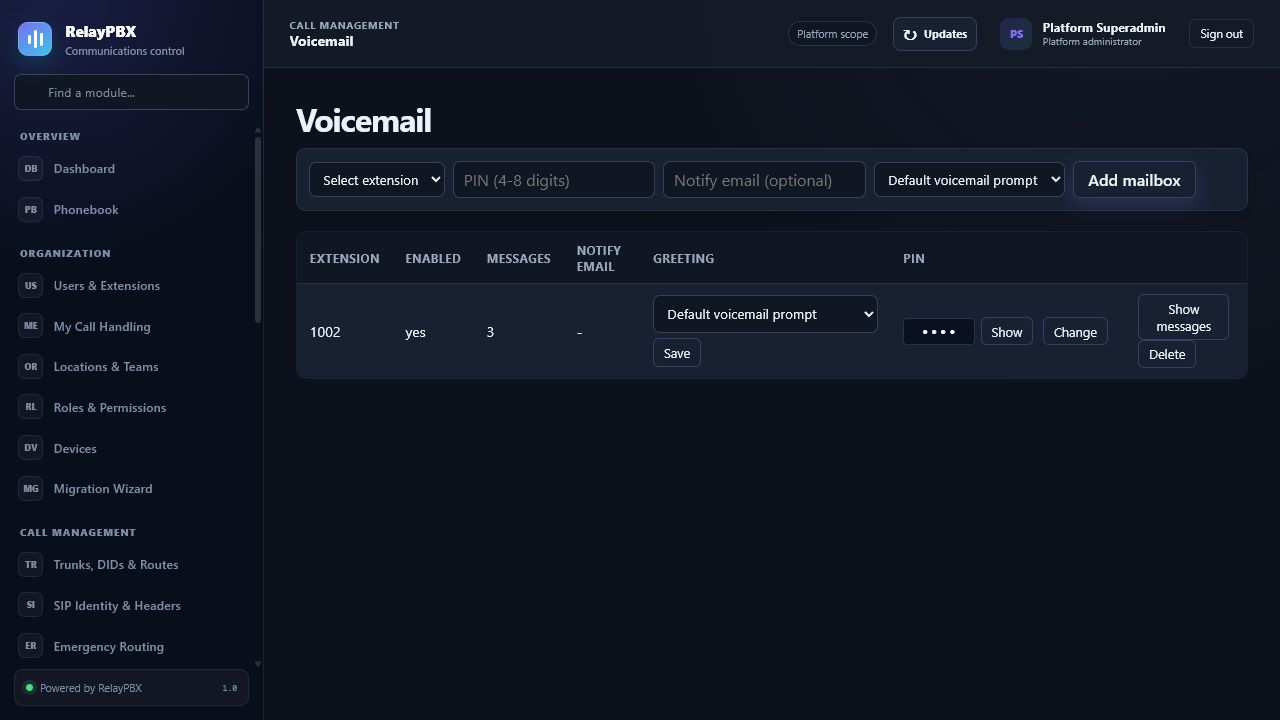 RelayPBX voicemail mailbox list with PIN and message status