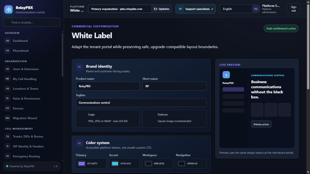Edytor brandingu i nawigacji white-label RelayPBX